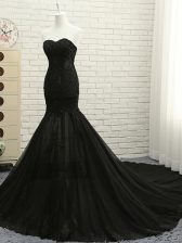 Custom Designed Sleeveless Lace and Appliques Lace Up Prom Party Dress with Black Court Train