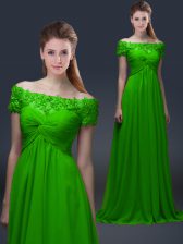  Off The Shoulder Short Sleeves Prom Party Dress Floor Length Appliques Chiffon
