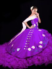  Eggplant Purple Ball Gowns Organza Sweetheart Sleeveless Embroidery and Ruffles Lace Up Quinceanera Gown Brush Train