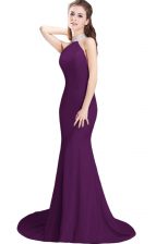 Hot Selling Sleeveless Beading Side Zipper Prom Gown with Purple Brush Train