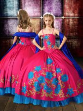  Hot Pink Ball Gowns Spaghetti Straps Sleeveless Taffeta Floor Length Lace Up Embroidery Kids Formal Wear