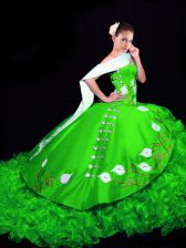 Vintage Green Organza Lace Up Sweetheart Sleeveless Quinceanera Dresses Brush Train Embroidery and Ruffles