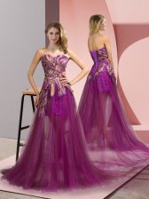 Extravagant Appliques Dress for Prom Purple Zipper Sleeveless Brush Train
