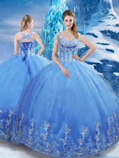 Charming Tulle Sweetheart Sleeveless Lace Up Beading and Appliques Quinceanera Gowns in Baby Blue