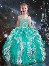 New Style Turquoise Sleeveless Beading and Ruffles Floor Length Teens Party Dress
