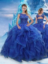  Blue Lace Up Quinceanera Gown Beading and Ruffles Sleeveless Floor Length