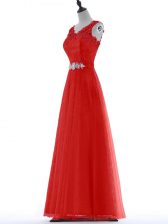  Tulle V-neck Sleeveless Zipper Beading and Lace Prom Dresses in Red