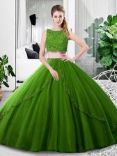  Sleeveless Tulle Floor Length Zipper Vestidos de Quinceanera in Olive Green with Lace and Ruching