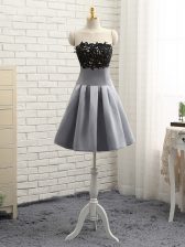  Grey Satin Side Zipper Homecoming Dress Sleeveless Mini Length Lace and Appliques