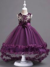 Dark Purple Ball Gowns Scoop Sleeveless Tulle High Low Zipper Appliques and Hand Made Flower Little Girls Pageant Gowns