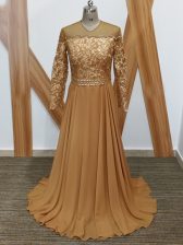  Long Sleeves Lace Zipper Prom Party Dress with Brown Brush Train