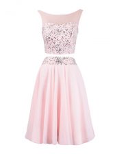  Baby Pink Sleeveless Beading Knee Length Prom Dresses