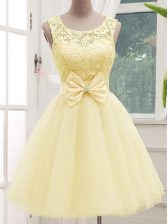  Light Yellow Sleeveless Knee Length Lace and Bowknot Lace Up Court Dresses for Sweet 16