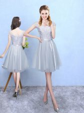 Hot Sale Silver Cap Sleeves Lace Knee Length Quinceanera Court of Honor Dress
