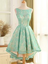 Gorgeous Turquoise A-line Lace and Appliques Homecoming Dress Backless Lace Sleeveless High Low