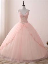  Pink Lace Up 15th Birthday Dress Beading and Appliques Sleeveless Floor Length