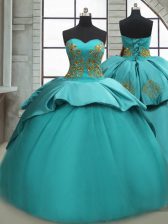 Fantastic Sleeveless Beading and Appliques Lace Up Ball Gown Prom Dress with Turquoise Sweep Train