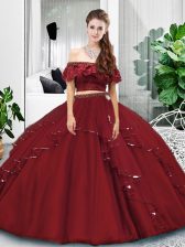 Excellent Floor Length Burgundy 15 Quinceanera Dress Tulle Sleeveless Lace and Ruffles