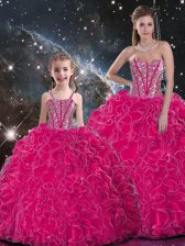  Hot Pink Lace Up Quinceanera Dresses Beading and Ruffles Sleeveless Floor Length