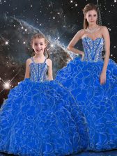  Blue Ball Gown Prom Dress Military Ball and Sweet 16 and Quinceanera with Beading and Ruffles Sweetheart Sleeveless Lace Up