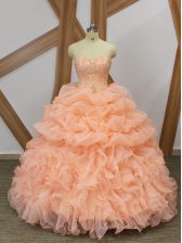 Glamorous Peach Lace Up Sweetheart Beading and Ruffles and Pick Ups Quinceanera Gown Organza Sleeveless Sweep Train