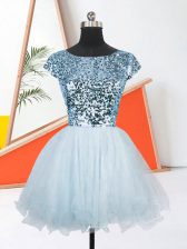 Glittering Scoop Short Sleeves Organza Evening Dress Sequins Lace Up