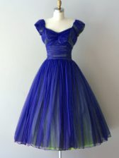 Modest Royal Blue Cap Sleeves Chiffon Lace Up Quinceanera Dama Dress for Prom and Party and Wedding Party