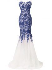  Blue And White Sleeveless Lace and Appliques Lace Up Prom Party Dress