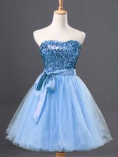  Light Blue Zipper Sweetheart Sequins Dress for Prom Tulle Sleeveless