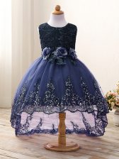 Nice Navy Blue Scoop Neckline Lace and Appliques and Bowknot and Hand Made Flower Pageant Gowns For Girls Sleeveless Zipper