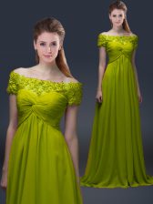 Eye-catching Olive Green A-line Appliques Prom Dresses Lace Up Satin Short Sleeves Floor Length