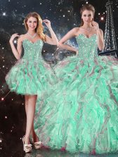 Eye-catching Turquoise Lace Up 15th Birthday Dress Beading and Ruffles Sleeveless Floor Length