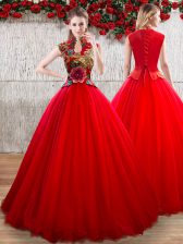  Red Organza Lace Up Quinceanera Gowns Short Sleeves Floor Length Appliques