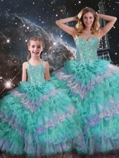  Multi-color Organza Lace Up Sweetheart Sleeveless Floor Length 15th Birthday Dress Beading and Ruffled Layers and Sequins