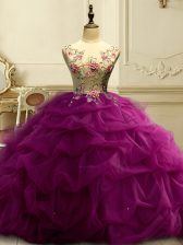 Custom Designed Sleeveless Organza Floor Length Lace Up Sweet 16 Dress in Fuchsia with Appliques and Ruffles and Sequins