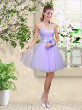 Fantastic Lilac Sweetheart Lace Up Lace and Belt Dama Dress for Quinceanera Sleeveless