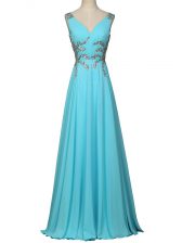Fabulous Sleeveless Floor Length Beading and Ruching Zipper Prom Dresses with Aqua Blue
