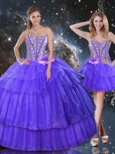 Superior Purple Organza Lace Up Quinceanera Gowns Sleeveless Floor Length Beading and Ruffled Layers