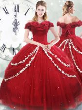  Wine Red Tulle Lace Up Off The Shoulder Sleeveless Quinceanera Dresses Brush Train Appliques and Pick Ups
