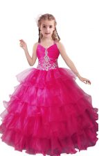 Excellent Fuchsia V-neck Zipper Beading and Ruffled Layers Kids Pageant Dress Sleeveless