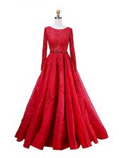  Red Prom Evening Gown Scoop Long Sleeves Brush Train Zipper