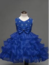 Super Sleeveless Organza Knee Length Zipper Flower Girl Dresses for Less in Royal Blue with Lace and Ruffled Layers and Bowknot