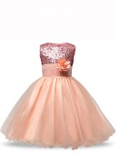  Peach Ball Gowns Sequins and Hand Made Flower Flower Girl Dresses for Less Zipper Organza Sleeveless Knee Length