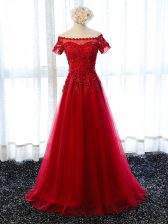 Stunning Red A-line Tulle Off The Shoulder Short Sleeves Lace and Appliques Floor Length Lace Up Prom Gown