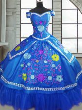  Blue Short Sleeves Taffeta Lace Up 15 Quinceanera Dress for Military Ball and Sweet 16 and Quinceanera