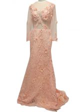 Side Zipper Prom Gown Peach for Prom and Party and Military Ball and Sweet 16 with Beading and Hand Made Flower Brush Train