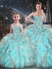Dramatic Organza Sweetheart Sleeveless Lace Up Beading and Ruffles Quinceanera Gowns in Aqua Blue