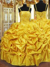 Fabulous Gold Sleeveless Floor Length Beading and Pick Ups Lace Up Quinceanera Gowns