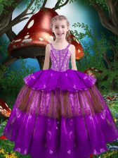  Eggplant Purple Ball Gowns Organza Straps Sleeveless Beading and Ruffled Layers Floor Length Lace Up Little Girls Pageant Gowns