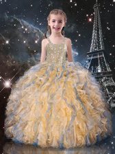 Latest Straps Sleeveless Organza Girls Pageant Dresses Beading and Ruffles Lace Up